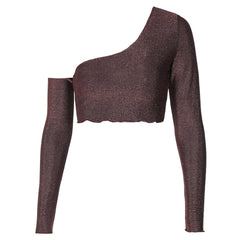 Summer New Ins Style Women's off-Shoulder Long Sleeve Tight Ultra-Short Navel Bright Silk T-shirt Top for Women