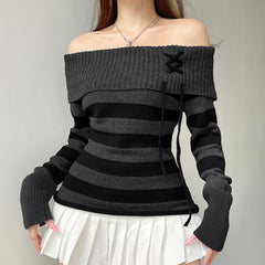 long sweater dress outfit Y2k Retro Fashion Color Matching Striped Flanging off-Shoulder Chic Lace-up Sweater Personalized Waist Slimming Sweater