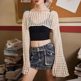 dti outfits Short Cropped Cropped Y2g Top Sweater Beach Women's Knitted Hollow-out Blouse