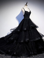 BXOXO Black V Neck Tulle Long Prom Dress, Black Formal Graduation Dress with Beading