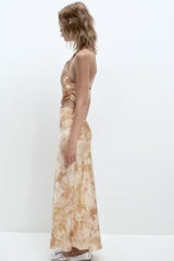 pretty halloween costumes Style Women's Clothing New Waist Opening Design Printing Oblique Shoulder Advanced Silk Satin Texture Dress