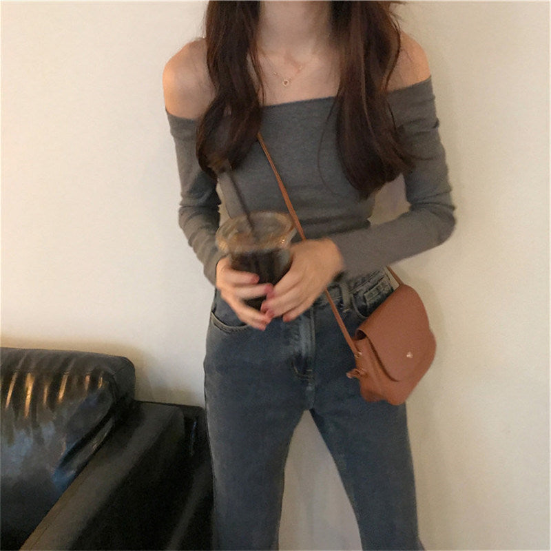 outfit inspo fall off-Shoulder Thread Top for Women Autumn New Design Sense Niche Short T-shirt Hot Girl Long Sleeve Bottoming Shirt
