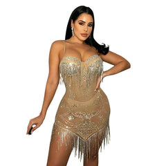 alien invasion dress to impress Summer New Women's Sexy Mesh Rhinestone Strap Tassel Dress Women
