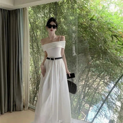 black sweater dress outfit French Style White Elegant Skirt Women's Loose Zipper Button Waist Slimming Gentle Dress Women's Pleated Skirt