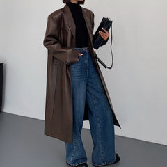 black outfit Black Mid-Length Leather Coat for Women Spring and Autumn Fashion New Loose over-the-Knee PU Leather Suit Coat Trendy