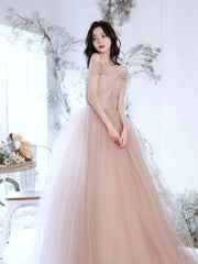 BXOXO A Line Off Shoulder Pink Long Prom Dress, Pink Graduation Dress with Beading Lace