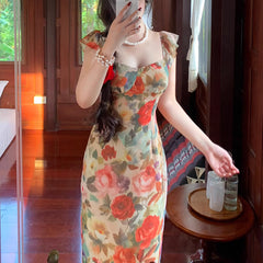 90s fashion 2024 New Spring and Summer Bright Flower Women's French Retro Waist-Tight Dress Long
