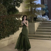 prom dresses French Style Green Strap Backless Dress Women's Niche Design Sexy Dress Long Skirt