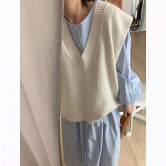 masc outfits Autumn 2024 New Korean Style Casual V-neck Overwear Outer Vest Japanese Style Lazy Style Loose Knitted Vest