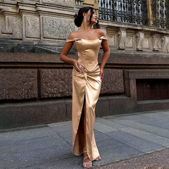 prom dresses Summer New Socialite Style Elegant Waist-Tight Twisted Split Satin Long Dress Women