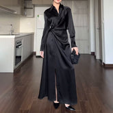 black sweater dress outfit Women's Autumn Solid Color Lapel Elegant Lace-up Slim Fit Dress Women