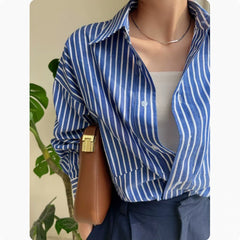 guys fits Blue Striped Shirt for Women Spring and Autumn Niche Loose Temperament Chic Shirt New Early Spring Top