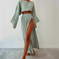 outfit ideas Leisure Vacation Linen Blend Short Top High Waist Chic Slit Cotton Linen Casual Two-Piece Set Suit