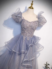BXOXO A-Line Sweetheart Neck Tulle Sequin Gray Blue Long Prom Dress, Gray Blue Long Formal Dress