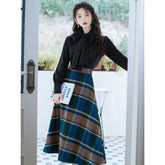 outfit ideas Autumn and Winter French Style Bow Artistic Top Women's High Waist Retro Plaid Woolen Skirt Two-Piece Set