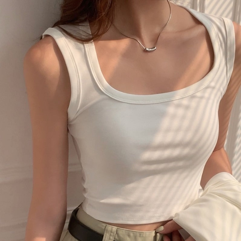 boy outfits White Hot Girl Camisole Women's Outer Wear Pure Cotton Sleeveless Wide Shoulder Strap Short Square Collar Top Summer