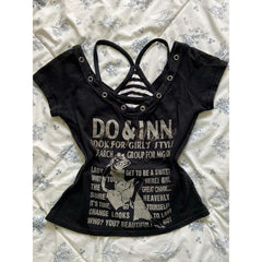 fashion outfits Black Letter T-shirt Top + Striped Short Strap American Retro Hot Girl Slim Two-Piece Suit Summer