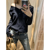 trending fall outfits Fall Korean-Style off-Neck Long-Sleeved Sweater Two-Way Slim-Fit Slimming Lapel off-Shoulder Top