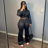 tailgate outfit black women Autumn and Winter Women's Suit Leather Coat Cardigan Sports Trousers Suit