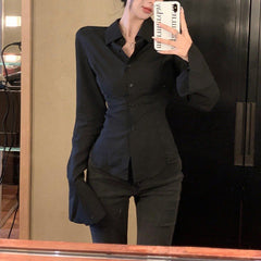 streetwear outfits Hot Girl Chic Bell Sleeve Lace-up Shirt Women's Autumn Black Shirt Tight Waist French Tight Waist Top