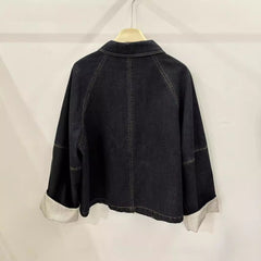 women’s fashion Autumn New Casual Stitching Niche Retro Lapel Jacket Striped Loose Long Sleeve Casual Denim Coat