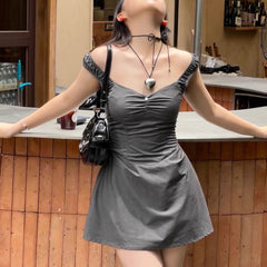 dress to impress New Slimming American Hot Girl a Version Tight Waist Lace Edge Ultra Short off-Shoulder Sheath Dress Female