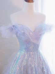 BXOXO DRESS TO IMPRESS Purple Off Shoulder Tulle Sequin Long Prom Dress, Purple Formal Dress