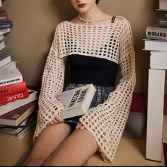 dti outfits Short Cropped Cropped Y2g Top Sweater Beach Women's Knitted Hollow-out Blouse