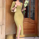 2000s fashion Hong Kong Style Retro Square Collar Dress Figure-Flattering Royal Sister Style Tight Waist Hip Skirt Long Sleeve Split Big Beauty Start Skirt