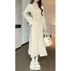 supernatural dress to impress Girl Style V-neck Irregular Waist Pleated Long Sleeve Lace-up Dress Slimming Autumn New Dress