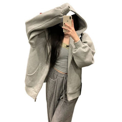 90s streetwear American Casual Gray Hooded Zipper Cardigan Sweater for Women 2024 Autumn New Loose Lazy Style Coat