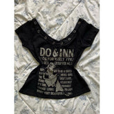 fashion outfits Black Letter T-shirt Top + Striped Short Strap American Retro Hot Girl Slim Two-Piece Suit Summer