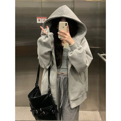 90s streetwear American Casual Gray Hooded Zipper Cardigan Sweater for Women 2024 Autumn New Loose Lazy Style Coat