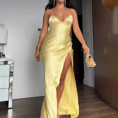 funky yellow sunglasses Women's Summer New Strap V-neck Satin Split Sexy Backless Dress Close-Fitting Hot Girl