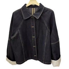 women’s fashion Autumn New Casual Stitching Niche Retro Lapel Jacket Striped Loose Long Sleeve Casual Denim Coat