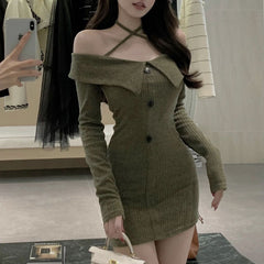 outfit inspo Autumn and Winter New Pure Desire Style Sexy off-Shoulder Halter off-the-Collarbone Slim Knit Long Sleeve Dress