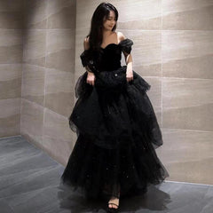 prom dresses French Style off-Shoulder Evening Dress Women's Black Adult Ceremony Vocal off-Shoulder Banquet Host Gauze Dress Niche