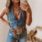 fall fashion 24-Year New Personalized Hot Girl Women's Sleeveless Single-Breasted V-neck Top Denim Vest