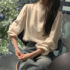 fall outfits 2024 Chic Early Spring Simple Solid Color Loose All-Match Half Turtleneck Puff Sleeve Shirt Women's Western Style Top