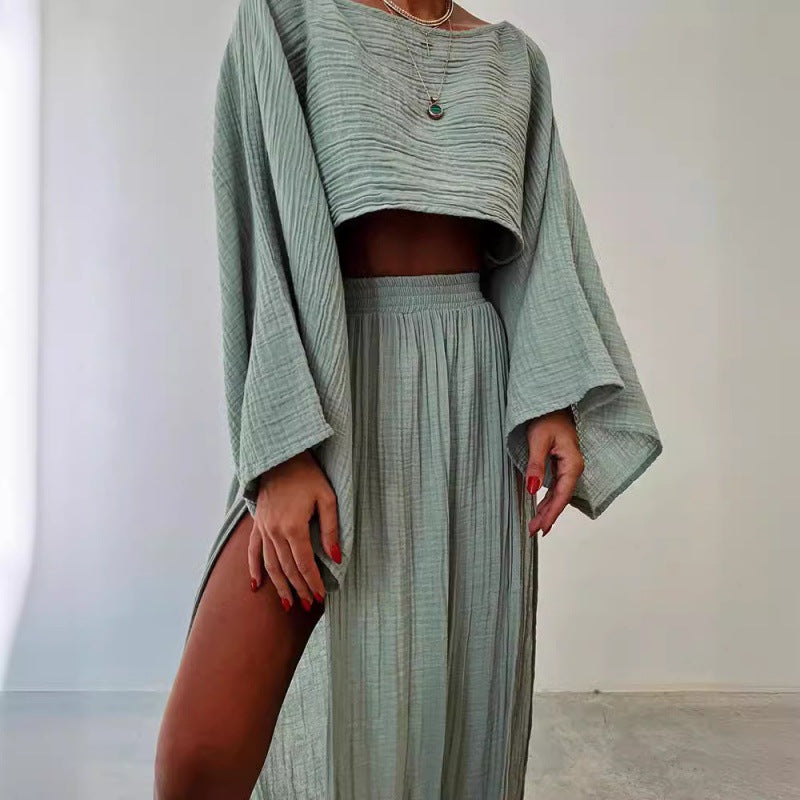 outfit ideas Leisure Vacation Linen Blend Short Top High Waist Chic Slit Cotton Linen Casual Two-Piece Set Suit