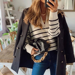 fashion outfits Sweater Turtleneck Autumn and Winter New Striped Color Matching Long Sleeve Women's Top Zipper Pullover Sweater