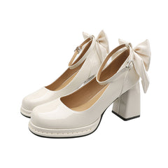 shoes Chunky Heel High Heels Spring Platform Bow Cute Temperament Princess Women's Shoes round Toe Buckle Low-Cut Shoes
