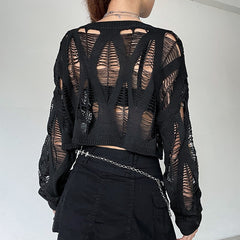 grunge outfits Knitted Blouse T Top Summer and Autumn Women's Clothing Hot Girl Sexy Ripped Dark Hollow Long Sleeve