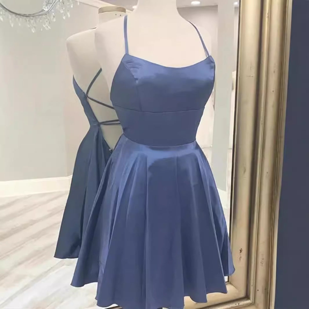 prom dresses Blue Strap Engagement Evening Dress Women's French-Style High-End Light Luxury Niche Host Hepburn Style Princess Dress