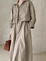 church outfit Chic Autumn Retro Elegant Drawstring Waist Strap Dress + Loose All-Match Long Sleeve Short Coat for Women