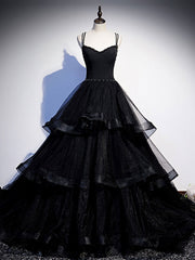 BXOXO Black V Neck Tulle Long Prom Dress, Black Formal Graduation Dress with Beading