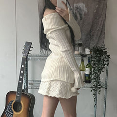 simple winter outfits Millennium Hot Girl White Moonlight Split Breasted Flip off-Shoulder Long Sleeve Top Lazy Style Slimming Sweater