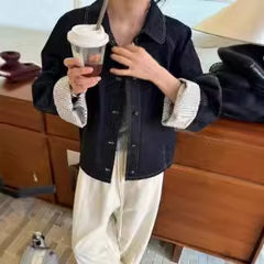 women’s fashion Autumn New Casual Stitching Niche Retro Lapel Jacket Striped Loose Long Sleeve Casual Denim Coat