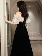 BXOXO A-Line Off Shoulder Velvet Black Long Prom Dress, Black Long Evening Dress