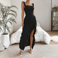 movie premiere dress to impress Summer New Women's Fashion Sexy Stitching Sling Slim Ribbon Wooden Ear High Slit Sling Dress Women